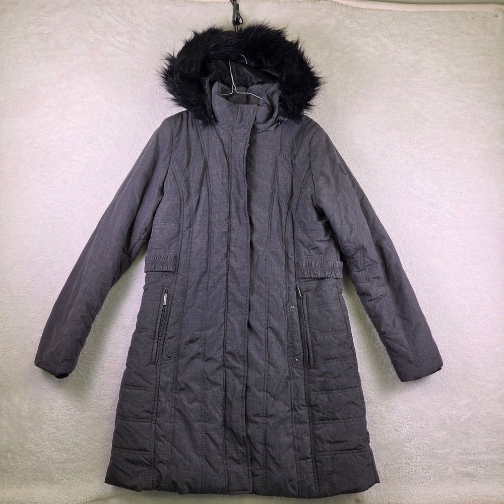 Weatherproof Womens Gray Heathered Longline Faux Fur Trim Hood Puffer Parka Coat